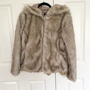 Dynamite- faux fur zip up coat with hood - beige brown - size: M - worn once